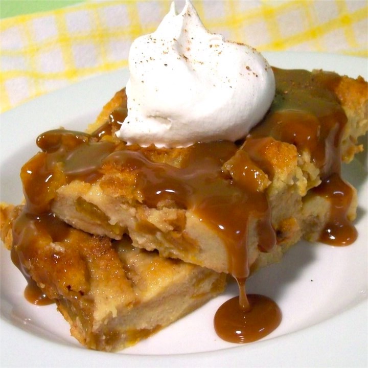 Peachy and Delicious Bread Pudding with Caramel Sauce - Maria's Kitchen