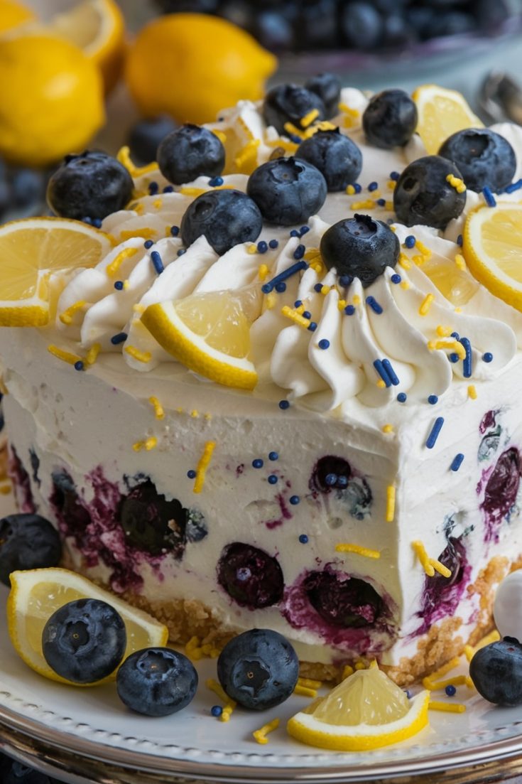 No-Bake Lemon Blueberry Cream Cake